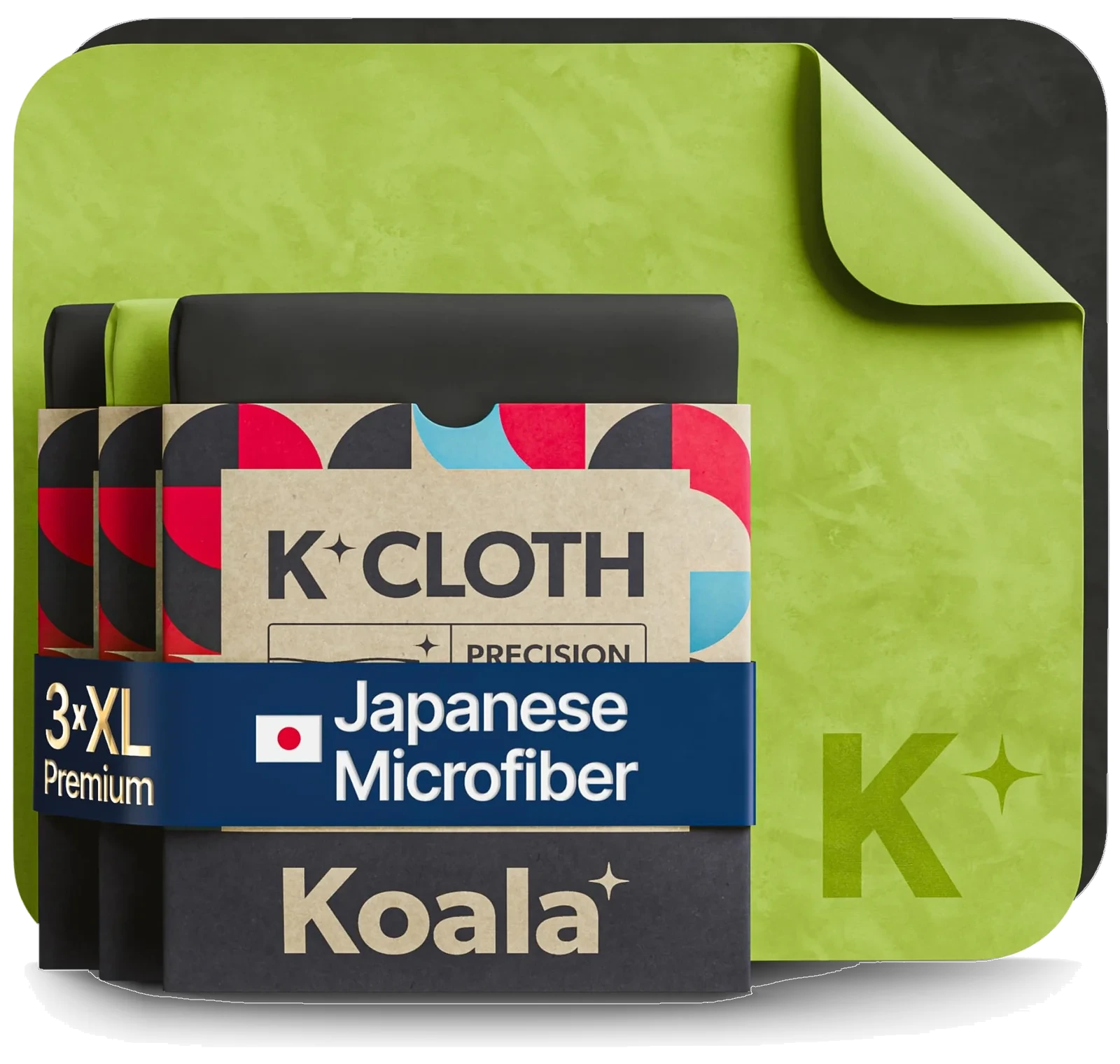 Koala Kloth Japanese microfiber, lime with a black reverse and the corner folded back, with three K-Cloth cartons