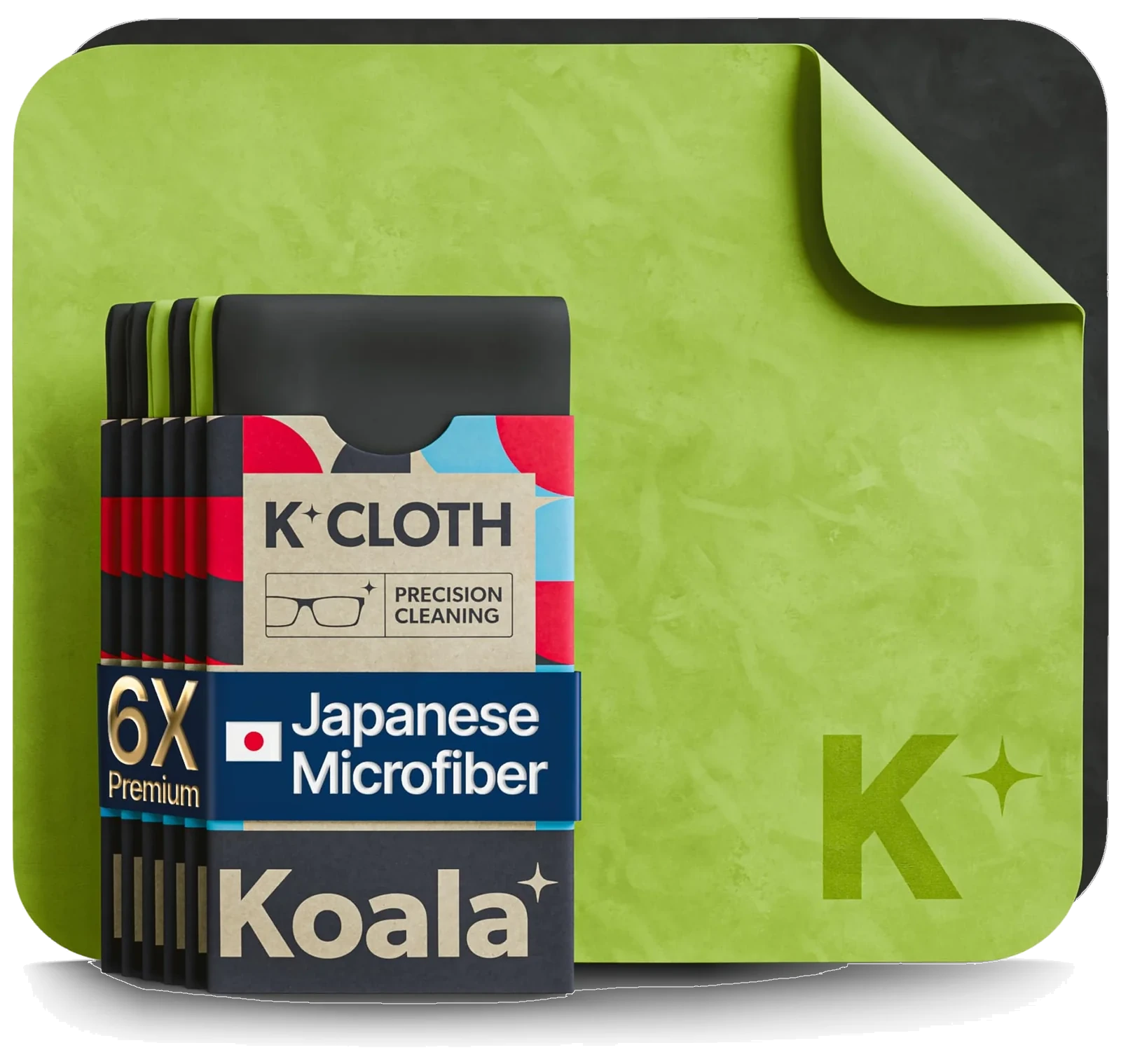 Six K-Cloth Japanese microfiber cartons with a lime Koala Kloth, one corner folded to its black reverse