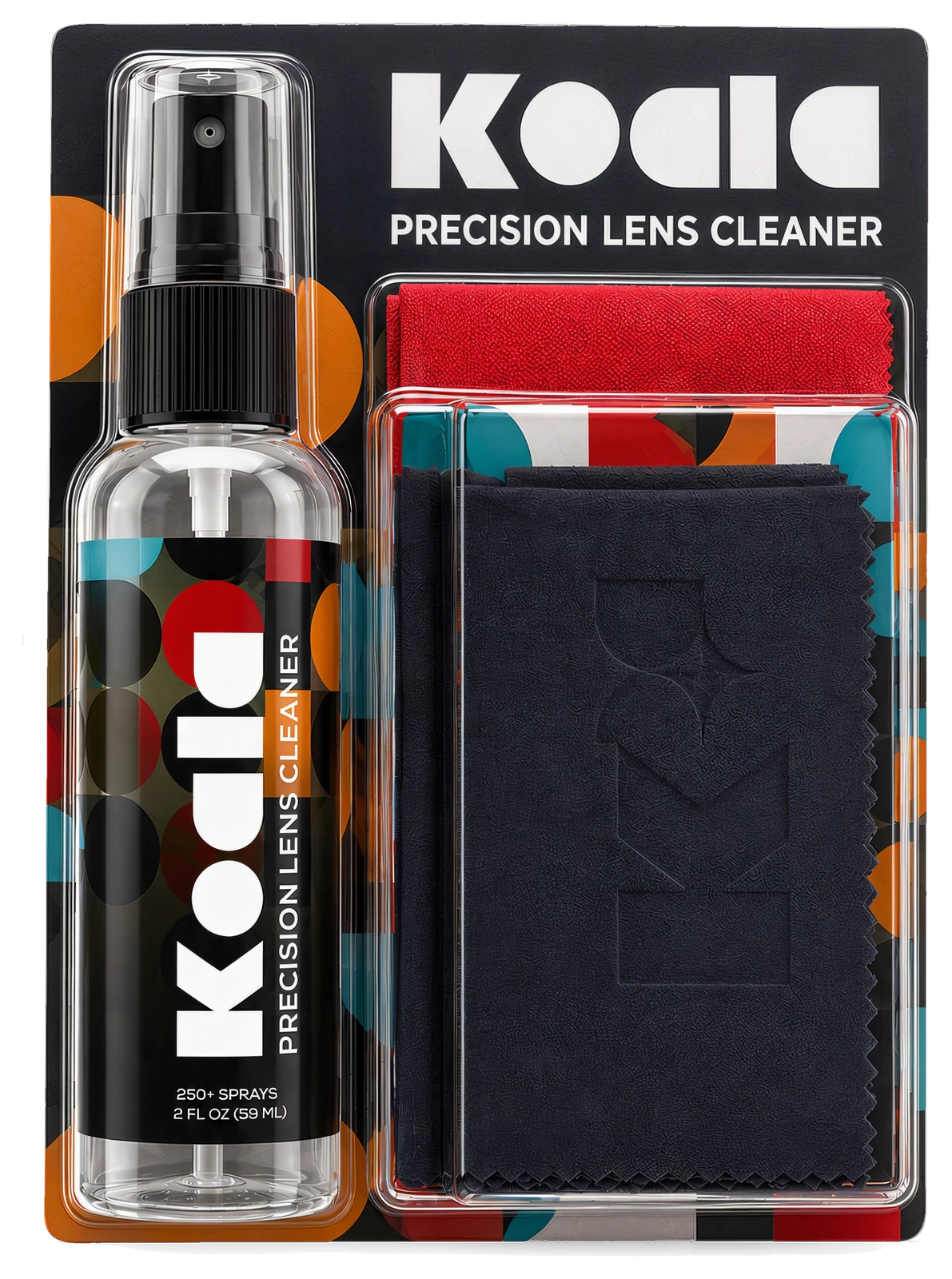 Rendering of the Koala Precision Lens Cleaner CVS package: a 2 fl oz spray bottle with a red and a black Koala cloth in a blister card