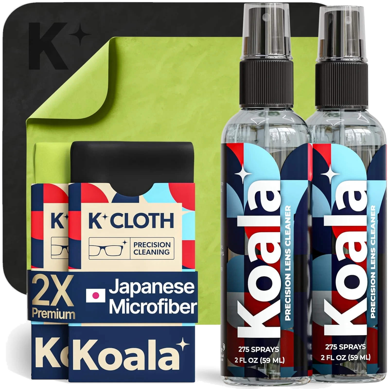 Two Koala Lens Cleaner spray bottles, 2 fl oz (59 ml), 275 sprays each, with two K-Cloth Japanese microfiber cartons and cloths